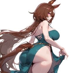 ai_generated animal_ears ass back_view brown_hair dress female horse_girl long_hair markings markings_on_head red_eyes sirius_symboli_(umamusume) umamusume umamusume_pretty_derby