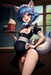 ai_generated balls blue_eyes blue_hair cat_ears femboy flaccid flat_chest fox_ears fox_tail furry furry_only futanari ilfb maid male_pregnancy more_at_source otoko_no_ko precum pregnancy pregnant pregnant_belly pregnant_futa pregnant_male solo standing testicles trap