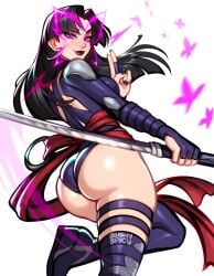 2024 2d ass black_hair blushypixy blushyspicy butterflies female female_only fully_clothed glowing_eyes long_hair looking_at_viewer looking_back marvel marvel_comics marvel_rivals painted_fingernails painted_nails psylocke psylocke_(marvel_rivals) purple_eyes purple_lips purple_lipstick purple_nails sword thighs vengeance_psylocke weapon white_background x-men