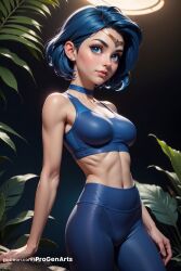 , 1girls abs ai_generated ami_mizuno artist_name bare_shoulders bishoujo_senshi_sailor_moon blue_choker blue_eyes blue_hair blue_pants blue_sports_bra breasts choker circlet cleavage collarbone cowboy_shot earrings hi_res jewelry lips looking_at_viewer medium_breasts midriff mizuno_ami navel nose pants patreon_username plant progenarts sailor_mercury short_hair solo sports_bra standing stomach toned watermark web_address yoga_pants