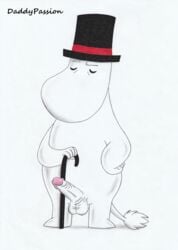 anthro balls closed_eyes clothing daddypassion erection genitals hat headgear headwear hi_res humanoid_genitalia humanoid_penis male male_only moominpappa penis pose simple_background solo the_moomins top_hat