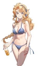 1girls alternate_costume bikini blonde_hair blonney blue_bikini bottle braid braided_hair braided_ponytail breasts female female female_only hairband headband orange_juice orange_nails pale-skinned_female pale_skin purple_eyes qingyi_jiang reverse:1999 solo solo_female stomach tagme thighs