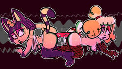 animal_crossing ankha ankha_(animal_crossing) anthro ass bodily_fluids boots breasts clothing cum dildo doolyboobieboy double_dildo duo exposed_breasts female female/female fishnet fishnet_legwear footwear genital_fluids hi_res isabelle_(animal_crossing) knee_boots knee_highs kneeling legwear nintendo nipple_slip raised_tail sex_toy shared_object_insertion sharing_cum sharing_dildo sharing_sex_toy video_games