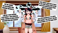 3d angry bikini_top black_hair cow_print cow_print_bikini cow_print_skirt cow_tag elf_ears grabbing groping groping_breasts hiderlink20 koikatsu shortstack witch witch_hat