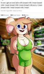 anthro apron apron_only areola areola_slip barely_visible_genitalia big_breasts blue_eyes breasts chubby_female cleavage clothed clothing container cup dialogue digital_media_(artwork) ear_piercing english_text female genitals hi_res holding_object i_mean_breast_milk ineffective_clothing kayla_(lechugansfw) lechugansfw mammal mature_female meme mostly_nude mouse murid murine nipple_outline partially_clothed piercing public public_exposure rodent shaded side_boob slightly_chubby text waiter