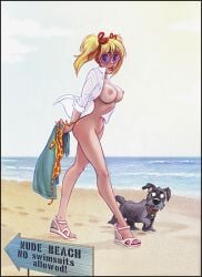 1girl beach belly_button blonde_female boobs dean_yeagle functionally_nude lips mandy_(dean_yeagle) no_bra no_panties nudist_beach pussy shirt_only sunglasses tinted_eyewear tits twintails