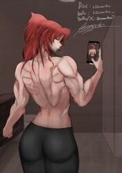 after_workout artist_name artist_signature bathroom gebura_(lobotomy_corporation) holding_phone library_of_ruina lobotomy_corporation long_hair looking_at_viewer looking_back muscles muscular_female project_moon red_hair selfie signature smoking smoking_cigarette sweat sweatdrop sweating tight_pants topless_female