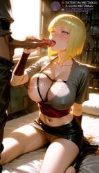 1boy ai_generated bed bed_sheet black_footwear black_pants black_skirt blonde_hair blue_eyes blunt_bangs blunt_ends blush bob_cut boots breasts censored cleavage clothes_pull collarbone covered_nipples dark-skinned_male dark_skin erection fellatio female fishnet_top fishnets grey_shirt hand_up handjob indoors large_breasts licking licking_penis meitabuu midriff miniskirt mosaic_censoring naruto naruto_(series) naruto_shippuden navel ninja nipples no_panties on_bed one_breast_out open_mouth oral pants pants_pull penis penis_grab pillow pussy saliva samui sash shirt short_hair short_sleeves sitting skirt solo_focus stomach straight sunlight sweat testicles thighs toeless_footwear toeless_legwear toes tongue tongue_out uncensored upper_teeth_only veins veiny_penis wariza window