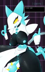 absurdres anthro blue_hair blush bodily_fluids breasts deltarune felid female floating_hands furry genital_fluids genitals gwyn_diesel highres machine mammal pussy pussy_juice robot simple_background smile solo tasque_manager_(deltarune) undertale_(series) whip