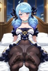 ai_generated ass blue_hair drill_hair feet feet_focus foot_fetish gwen_(league_of_legends) heterochromia league_of_legends league_of_legends:_wild_rift looking_at_viewer medium_breasts mirageart panties_under_pantyhose pantyhose presenting ribbon soles solo solo_focus sweat sweaty toes wide_hips