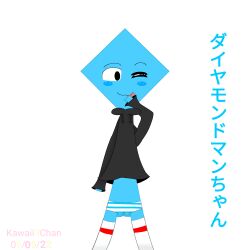 2022 black_eyes black_hoodie blue_blushing blue_body blue_skin blush blush_stickers dave_and_bambi_mod diamond_man friday_night_funkin highres hoodie ibispaintx japanese_text kawaii3chan kawaii3chan_(artist) licking_lips long_sleeves male male_only no_human non-human one_eye_closed panties simple_background solo solo_male striped striped_panties striped_underwear text tongue tongue_out translation_request underwear white_background white_panties