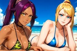 2women ai_generated anime beach beautiful_females big_breasts bikini bikini_bottom bleach bleach:_the_thousand-year_blood_war blonde_female blue_eyes_female busty clouds crossover curvy_figure divine_beauty female female_soldier heavenly_face isaris-ai laying_down looking_at_viewer metroid ponytail purple_hair relaxing samus_aran sand seaside seductive sexy shihouin_yoruichi shinigami smiling_at_viewer starfish video_game_character video_games voluptuous voluptuous_female yellow_eyes