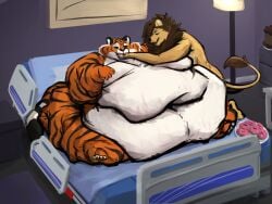 2025 absurd_res anthro ass bed bedroom belly big_belly big_butt black_body black_fur black_stripes dessert doughnut duo feeding felid female food fur furniture hi_res hospital_bed huge_belly huge_butt immobile lion male male/female mammal mane morbidly_obese morbidly_obese_female navel obese obese_female orange_body orange_fur overweight overweight_female pantherine pastry silverfang725 sitting stretch_marks stripes tan_body tan_fur tiger weight_gain white_body white_fur