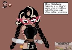 big_breasts braided_hair braided_twintails caramelpearl_(artist) choco_drizzle_cookie clothed_female cookie_run cookie_run_kingdom cum cum_in_clothes dark_hair disembodied_penis multicolored_hair penis_between_thighs red_glasses sex tagme thigh_sex thigh_sex_over_clothes thighs