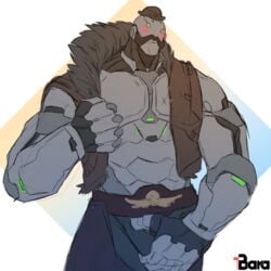 1:1 2018 blizzard_entertainment blush bob_(overwatch) bowler_hat bulge bulge_fondling clothing green_eyes hat headgear headwear humanoid jacket leather leather_belt leather_clothing leather_jacket leather_topwear machine male muscular muscular_male omnic overwatch robot robot_humanoid solo topwear video_games vitamin_bara vitaminbara