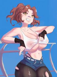 breasts brown_hair cleavage clothed clothing female female_only fully_clothed huge_breasts human large_breasts light-skinned_female light_skin looking_at_viewer moshimoshinl original_character shirt short_hair skinned_female solo standing thighhighs white_shirt yellow_eyes