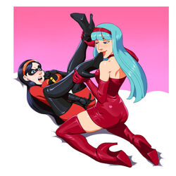 2girls artist_request black_boots black_hair blue_eyes blue_hair boots bra_(dragon_ball) bra_briefs crossover disney dragon_ball dragon_ball_gt dragon_ball_z eastern_and_western_character female female_only fetish latex licking long_hair multiple_girls pink_background pixar red_boots straight_hair superheroine the_incredibles violet_parr white_background yuri