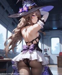 1girls ai_assisted ai_generated akira_hentai back back_view date gown hat honkai:_star_rail inviting inviting_to_fuck inviting_to_sex paizuri panties patreon patreon_reward purple_background shoulders the_herta_(honkai:_star_rail) witch