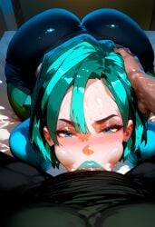 1boy 1girls ai_generated big_breasts bimbo blowjob blue_eyes blue_hair blue_lipstick blush breasts_bigger_than_head cleavage deep_blowjob deepthroat face_fucking female gigantic_breasts goth goth_girl gwen_(tdi) hand_on_head huge_ass huge_breasts lipstick lustful_gaze male massive_breasts musk oral oral_sex seductive seductive_look short_hair sweat thetyre thick_thighs total_drama_island wide_hips