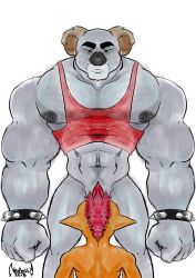 10s 2018 2boys anthro bara belly_button bracelet crash_(series) crash_bandicoot dated fisting green_eyes grey_fur koala koala_kong male male_only marsupial nipples orange_fur red_hair red_tank_top signature spiked_bracelet sweat tank_top video_games white_background xneobeastx