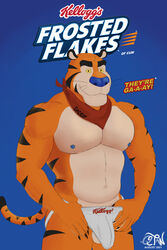 1boy 2:3 absurd_res anthro blue_background blue_nipples blue_nose bulge clothing felid feline frosted_flakes fur hi_res jockstrap kellogg's looking_at_viewer male male_only mammal mascot muscular muscular_male neckerchief nipples orange_body orange_fur pantherine pecs qwertythewolf simple_background smile solo striped_body stripes tiger tony_the_tiger underwear whiskers white_underwear