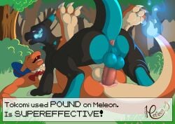 3_claws 3_toes 4_fingers anal anal_sex anthro anus ass balls black_body blue_fire bow_tie breath_powers charmeleon claws clothing colored_fire dialogue_box duo elemental_manipulation erection fan_character fedora feet fingers fire fire_breathing fire_manipulation flaming_tail generation_1_pokemon genitals hat headgear headwear hi_res humanoid_genitalia humanoid_penis lying male male/male mega_evolution meleon meleon_(character) motion_lines nintendo on_back orange_body paws penetration penis perineum plant pokemon pokemon_(species) soles tail toe_claws toes tokomi_flametail tree