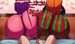 1boy 2girls animated ass ass_shake ass_to_ass asuka_langley_sohryu big_ass bottom_heavy bubble_butt butt_bump christmas clothing crossover dat_ass dialogue doki_doki_literature_club eastern_and_western_character fat_ass female flare_pants forbidden_pants greatestgori hat huge_ass jerking jerkingoff large_ass male male_pov massive_ass masturbating_to_person masturbation natsuki_(doki_doki_literature_club) neon_genesis_evangelion orange_hair penis pink_hair pov santa_hat shaking_ass shinji_ikari shortstack small_penis small_penis_humiliation talking_to_viewer text thick_ass thick_thighs video wide_hips