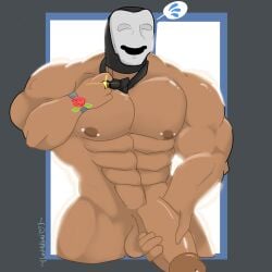 1boy bara big_penis bowtie_collar bowtie_only break_in break_in_(series) cumdrip gay lustfulsai masked_male masturbation piercing_nipples ring roblox roblox_game solo tagme