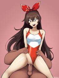 2025 amber_(genshin_impact) ass bow_in_hair brown_eyes brown_hair female female_focus genshin_impact hoyoverse long_hair male one-piece_swimsuit penis pink_background pussy swimsuit swimsuit_aside triplestabber vaginal_penetration vaginal_sex