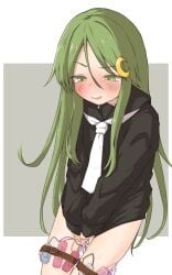 absurdres black_shirt blush bottomless commentary crescent crescent_hair_ornament female green_eyes green_hair hair_ornament highres kantai_collection long_hair long_sleeves nagatsuki_(kancolle) parted_lips po0000000000 remote_control_vibrator sex_toy shirt sleeves_past_wrists solo symbol-only_commentary very_long_hair vibrator vibrator_in_thigh_strap wavy_mouth