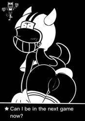 anus armor ass blush blushing bottomless cheerleader cheerleader_enemy clothed clothing cut_character english_text female footwear genitals hair headgear helmet hi_res horn imp larrykitty monochrome presenting presenting_hindquarters pussy simple_background socks solo text undertale undertale_(series) video_games