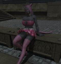 alternate_hair_color alternate_hairstyle boob_window bracelet cat_ears cat_tail choker closed_eyes earrings eyeshadow final_fantasy_xiv foot_focus gpose(ffxiv) grey_skin heart_choker heart_earrings large_breasts lipstick miqo'te nail_polish pink_eyeshadow pink_hair pink_lipstick pink_nail_polish skirt tagme thighhighs tyo_lanbatal_(vegeta002)