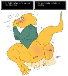 1boy 1girls 2021 3_toes 4_fingers alphys anthro anthro_focus anthro_penetrated anus ass big_butt bite biting_lip bodily_fluids bottomless bouncing_ass bouncing_butt breasts butt_focus claws closed_eyes clothed clothing covering covering_mouth cute deltarune dialogue_box disembodied_penis duo english_text eyewear faceless_male female female_focus female_penetrated from_behind_position genitals glasses hand_on_face heart heart_after_text hi_res huge_butt looking_pleasured male male/female male_penetrating male_penetrating_female mhdrawin moan narration non-mammal_breasts penetration penile penile_penetration penis penis_in_pussy rear_view reptile scales scalie sex shirt simple_background slightly_chubby solo_focus sweat tagme text text_with_heart thick_tail thick_thighs topwear undertale undertale_(series) vaginal_penetration video_games wholesome wide_hips yellow_body yellow_scales