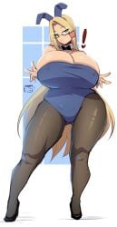 1girls bbw blonde_hair bunnysuit cleavage coffeeslice curvy_female exclamation_(coffeeslice) exclamation_point fake_animal_ears glasses heels high_heels huge_breasts original original_character stockings thick_thighs