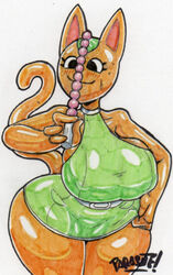 animal_crossing anthro belt big_breasts blush blush_lines bodily_fluids breasts clothing domestic_cat dress felid feline felis female holding_anal_beads holding_object holding_sex_toy looking_at_object mammal nintendo nipple_outline parasitedeath sex_toy solo standing sweat sweatdrop tangy_(animal_crossing) thick_thighs video_games wide_hips