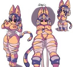 animal_crossing ankha ankha_(animal_crossing) anthro big_breasts breasts chibi clownadeerp crossed_arms domestic_cat english_text felid feline felis female frown genitals hi_res huge_breasts mammal mostly_nude multiple_poses nintendo pose pussy simple_background solo text thigh_gap video_games white_background