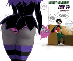 1girls 2boys ass_focus comic cyborg_(dc) dat_ass dc dc_comics dialogue dick_grayson female grey_body grey_skin head_out_of_frame hips jinx_(dc) legs male no_nut_november pantyshot pink_hair robin_(dc) robin_(dick_grayson) short_dress speech_bubble spiked_hair spoken_! straight striped_legwear striped_panties teen_titans thighs victor_stone villain vn_simp voluptuous wide_hips witch