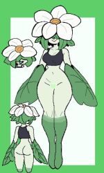 back_view bottomless crop_top flower front_view green_skin monmaamn oc original original_character plant_girl reference_image reference_sheet smile