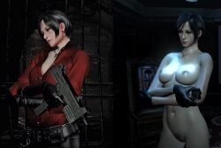 3d ada_wong ada_wong_(ty_brenneman) asian asian_female bare_shoulders biohazard blue_light breasts capcom cleavage comparison completely_naked completely_nude completely_nude_female crucifix erect_nipples exhibitionism leather_gloves leather_pants medium_breasts mod naked_females official_art pubic_hair resident_evil resident_evil_6 round_breasts short_hair side_ass side_by_side tagme toned_female toned_stomach video