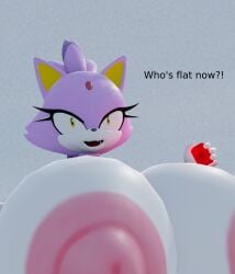 1girls 3d anthro big_nipples blaze_the_cat blender blender_(software) breasts dialogue dld493v2 english_text feline female forehead_jewel gigantic_breasts holding_object huge_breasts hyper_breasts looking_at_viewer nipples open_mouth purple_fur sega self_upload smug sol_emerald solo solo_female sonic_(series) sonic_the_hedgehog_(series) yellow_eyes