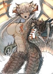arknights breasts brown_horns claws commentary_request cowboy_shot dragon_girl dragon_horns dragon_tail dragon_wings fangs female floating_hair grey_hair hakoniwashinshi highres horns large_breasts long_hair looking_at_viewer monsterification open_mouth orange_eyes saria_(arknights) scales simple_background solo standing tail teeth uneven_eyes upper_teeth_only white_background wings yellow_wings