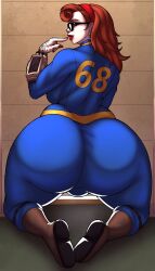 1futa ass back_view bodysuit futa_only futanari gigantic_ass huge_ass huge_breasts human kneeling sideboob slushiebest solo solo_futa tight_clothing