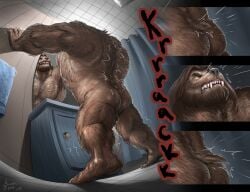 anthro ass awarebear backsack balls bathroom bathroom_sink bathroom_tiles black_nose butt_focus canid canine claws closed_eyes curtains fur fur_growth genitals growth hair hairy hand_on_wall hi_res humanoid long_hair low-angle_view male mammal mid_transformation mirror mirror_reflection motion_lines muscle_growth muscular muscular_anthro muscular_male mythological_canine mythological_creature mythology nipples nude onomatopoeia paws reflection sharp_teeth shower_curtain snout snout_growth solo sound_effects tail tail_growth teeth text towel towel_rack transformation werecanid werecanine werecreature werewolf