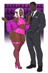 2boys ai_generated bimbo_femboy bimbofication bimboi boa_(clothing) bulge dark-elf dark-skinned_femboy dark-skinned_male dark_skin faceless_male femboy feminization fishnets glasses high_heels huge_ass huge_cock miniskirt pink_crop_top pink_fishnets pink_high_heels pink_miniskirt suit white_hair
