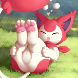 1:1 bodily_fluids closed_eyes detailed_background female feral fur generation_3_pokemon genital_fluids genitals grass heart_symbol hi_res kerchief laying_on_grass light light_beam nintendo paws plant plattyneko pokemon pokemon_(species) presenting presenting_pussy pussy raised_paw red_body red_fur skitty solo sunbeam sunlight tail tail_tuft tuft vaginal_fluids