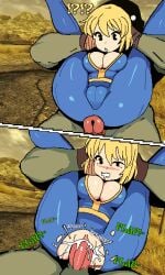 1boy 1girls ahe_gao big_penis blonde_female blonde_hair cameltoe cartoony comic_strip commission fallout fallout_new_vegas full_nelson monmaamn mutant straight text tight_clothing vault_girl vault_meat vault_suit wide_hips