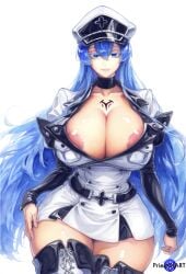 ai_generated akame_ga_kill! areola areola_slip big_breasts blue_eyes blue_hair color elbow_gloves esdeath_(akame_ga_kill!) gloves hat huge_breasts jacket large_breasts long_hair open_clothes priestofart simple_background skirt skirt_lift solo solo_female solo_focus standing stockings tagme tagme_(artist) tagme_(character) thick_thighs upskirt watermark white_background