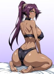 2025 amber_eyes ass bed bikini black_bikini bleach blush brown_eyes cameltoe looking_at_viewer looking_back looking_back_at_viewer nipple_bulge on_bed on_knees parted_lips ponytail purple_hair shihouin_yoruichi smile thick_thighs thighs toned toned_female yxyyxy