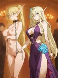 2boys 2girls ai-generated animal_collar arm_at_side arm_under_breasts armpit_crease black_bra black_panties blonde_hair blue_eyes blue_flower blurry blurry_background bra brown_collar chain_leash chains chandelier chinese_commentary circlet cleft_of_venus clenched_hands closed_mouth clothed_female_nude_female collar collarbone commentary_request completely_nude cowboy_shot crossed_bangs depth_of_field double-parted_bangs dress dress_flower elf expressionless femdom flower hair_between_eyes highleg highleg_panties highres holding holding_chain holding_leash indoors leash long_bangs long_eyebrows long_hair looking_at_viewer multiple_boys multiple_girls navel nipples nude original panties pointy_ears ponytail purple_dress pussy revealing_clothes shining_1990 shiny_skin slave standing stomach straight_hair uncensored underwear very_long_ears very_long_hair