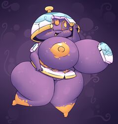 anthro big_breasts blush breasts female food food_creature genitals hi_res huge_breasts huztar nintendo nipples nude open_mouth pokémon_(species) pokemon polteageist purple_body pussy solo spirit teapot thick_thighs video_games yellow_nipples